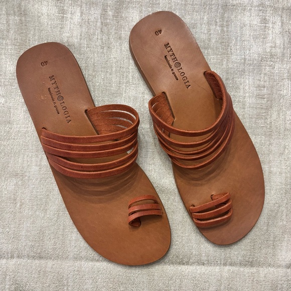 New Mythologia Sandals Brown Suede Toe‎ Loop Strappy Flat Greek Sandals Size 40 - Picture 1 of 7